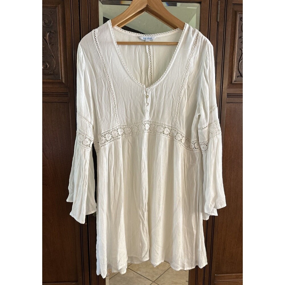 Blue Island White Boho Crochet Lace Tunic Dress Swim Cover Up Bell Sleeve Sz L
